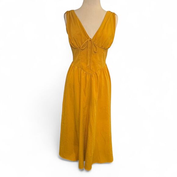 Floreya Dresses & Skirts - Floreya Women’s Milkmaid Midi Dress Yellow Mustard Tie Front Size M Medium